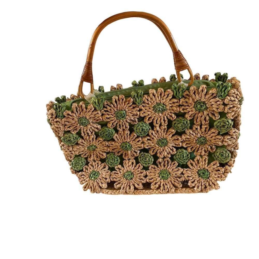 Vtg Y2K 2000s Woven Straw Flower Purse Boho Artsy - Picture 1 of 10